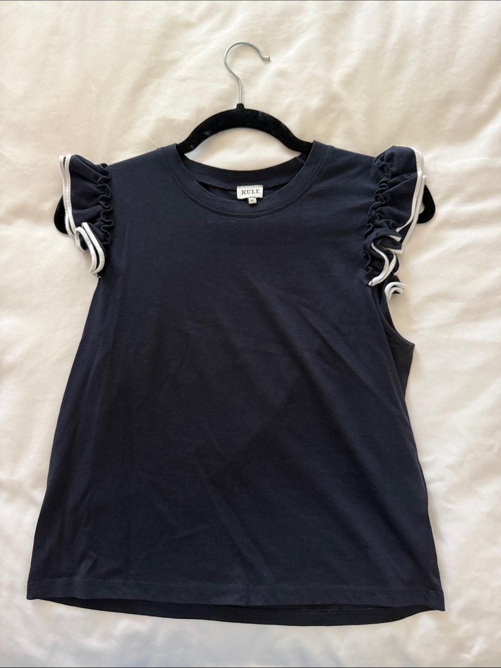KULE Navy Sleeveless Ruffle-Trim Tank with White Accent